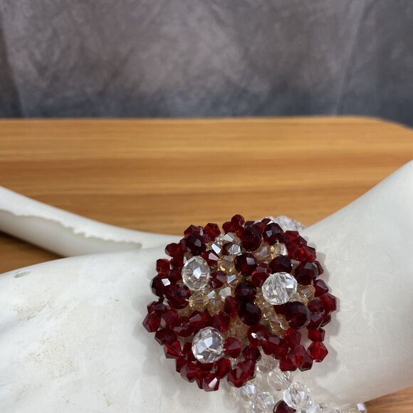 Vintage Beaded Necklace set earrings bracelet ring faux clear and ruby bead - Picture 4 of 16